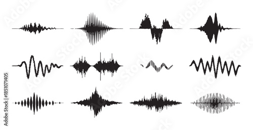 Collection of black abstract sound waves isolated on white background audio spectrum vector