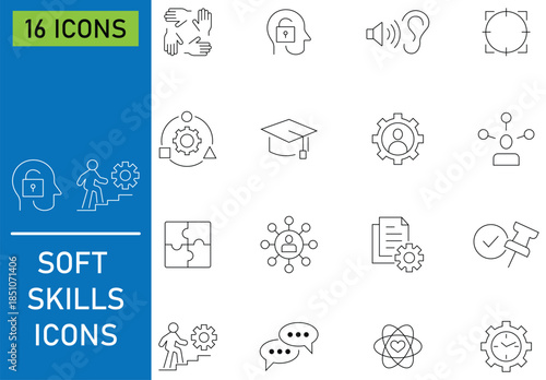 Set of soft skills web line icons. Contains teamwork, empathy, leadership, self-motivation, emotional intelligence and more. Professional development symbols in clean line style. Vector illustration.