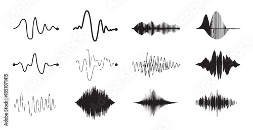 Set of audio player interfaces with black sound waves and playback controls modern design