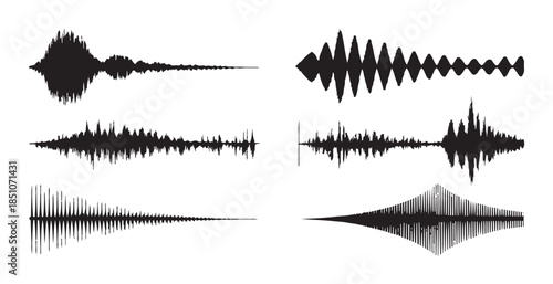 Collection of black audio waveforms and media player controls on white background vector