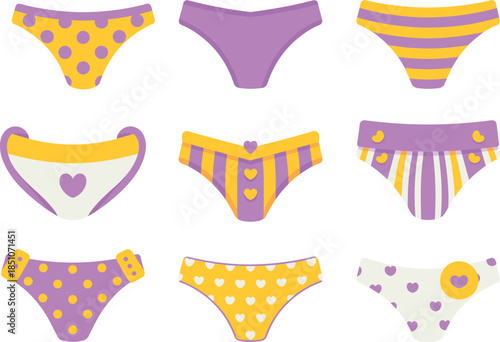 Collection of nine cartoon style women's underwear with patterns and hearts Keywords: underwear, panties, briefs, lingerie