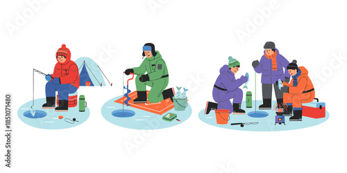 People enjoying winter ice fishing creating holes in frozen lake