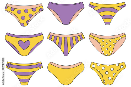 Nine cartoon style women's panties with patterns and outlines on white Keywords: panties, underwear, briefs, lingerie, women