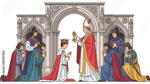 King's coronation ceremony with bishop and nobles