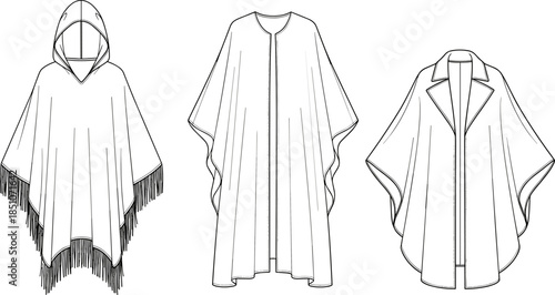 Poncho and cape fashion sketch, outerwear design, hooded fringe poncho, elegant cape, coat-style cape, garment illustration, clothing template, vector drawing