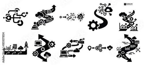 Technology silhouette icon set with digital transformation journey