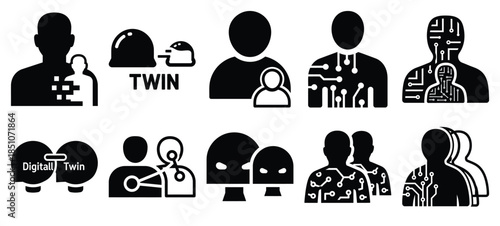 Technology silhouette icon set with digital twin