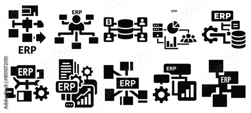 Technology silhouette icon set with erp software
