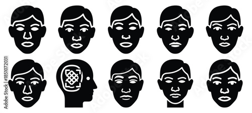 Technology silhouette icon set with facial recognition