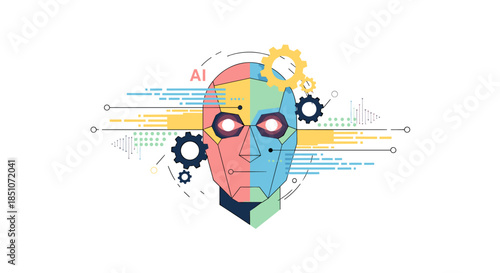 Artificial Intelligence Concept - Cybernetic Human Face with Gears, Data Visualization and Machine Learning Elements