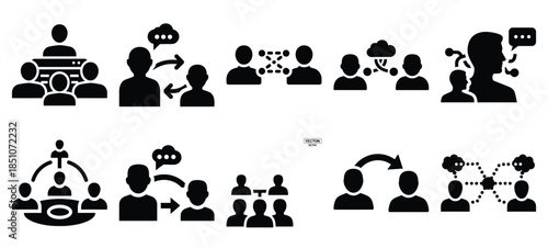 Technology silhouette icon set with online collaboration