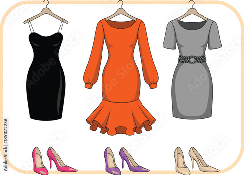 Three dresses and three pairs of high heel shoes on hangers on white background Keywords: dresses, fashion, clothing, apparel
