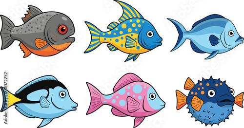 Flat Cartoon Fish Character Vector Set for Kids Marine Life Aquarium and Underwater Designs