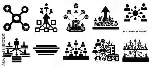 Technology silhouette icon set with platform economy