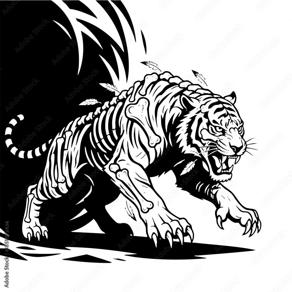 Fototapeta premium Fierce skeletal tiger illustration in dramatic monochrome art.