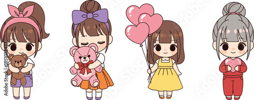 Flat Cartoon Girl Child Vector Set with Balloon Teddy Bear and Cute Fashion Poses
