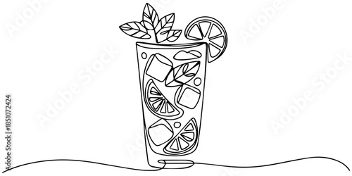 Elegant continuous line drawing of blackberry mojito cocktail, Continuous one line drawing of a refreshing summer drink in a tall glass with lemon slice and straw, minimalist black and white.