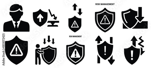 Technology silhouette icon set with risk management