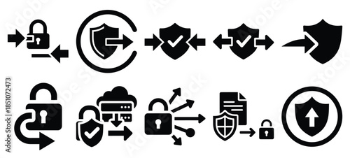 Technology silhouette icon set with secure data transfer