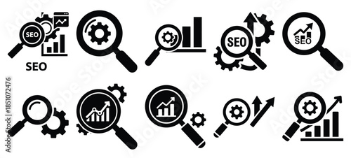 Technology silhouette icon set with seo optimization