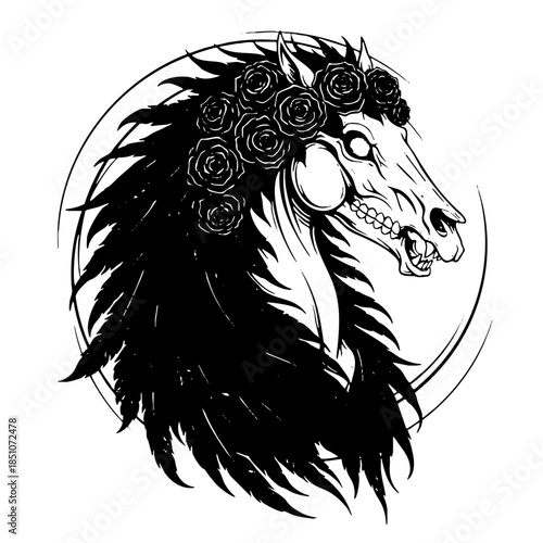 Stylized gothic horse skull illustration wearing a floral wreath