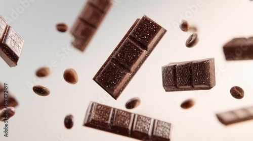 Chocolate bars suspended in mid-air, breaking apart and turning into chocolate drops, all set against a bright white background to highlight their velvety richness