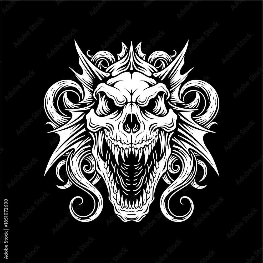 Obraz premium Aggressive Monster Skull Head Roaring Illustration Dark Art Style
