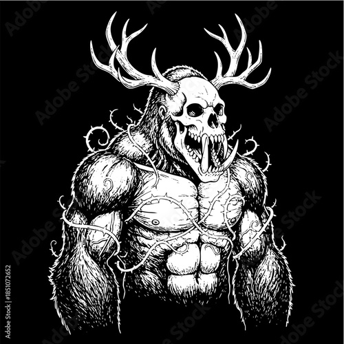 Dark Fantasy Illustration of Muscular Skull Monster with Antlers.