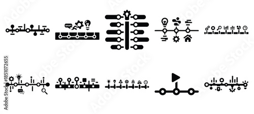 Technology silhouette icon set with smart timeline