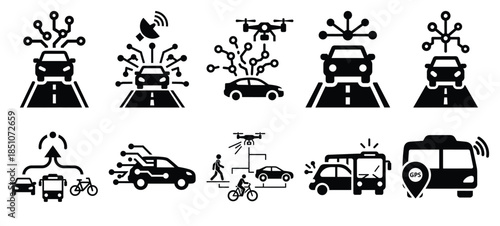 Technology silhouette icon set with smart transportation