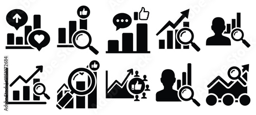 Technology silhouette icon set with social media analytics