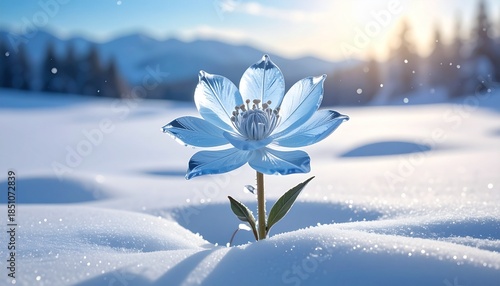 Delicate ice flower blooms in serene snowy landscape with mountains