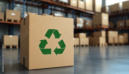 A cardboard box with a green recycling symbol, set in a warehouse filled with stacked boxes.