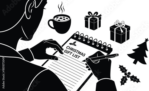 Man writing Christmas gift list with presents and tree