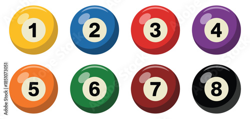 Billiard Balls Set Featuring Numbers 1 through 8 in Realistic Style for Pool Table Illustration, Game Design, Sports Graphics, and Leisure Concept Artwork