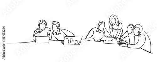 Line art Illustration of business people working together in the office. One line art style