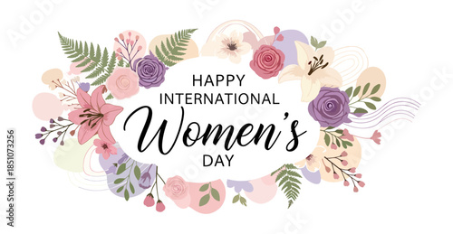 Elegant International Women’s Day Vector Illustration with Floral Wreath, Pastel Flowers, Botanical Elements, Feminine Design, Celebration of Women, March 8 Theme