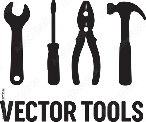 PrintSet of vector tools silhouette, wrench screwdriver pliers and hammer icons on dark background