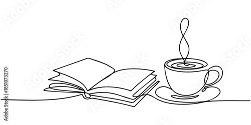 One Line Drawing of Open Book, Pen and Coffee Cup. Writing and Creativity Concept, A single continuous line drawing depicts a steaming cup of coffee and an open book, illustrating the joy of reading