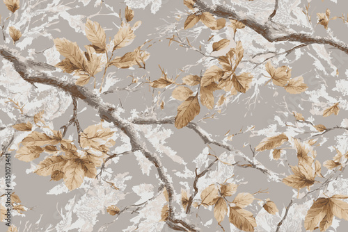 Texture military digital arctic snow camouflage seamless pattern. a seamless pattern of snow-covered tree branches and leaves, creating an impressionistic winter landscape with a palette of white, bro