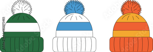 Three Striped Winter Beanies with Pom- Poms in Green Blue and Orange Keywords: beanie, winter hat, knit hat, pom-pom, stripes