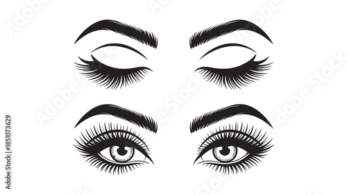 Stylized illustration of elegant female eyes featuring lush eyelashes and defined eyebrows