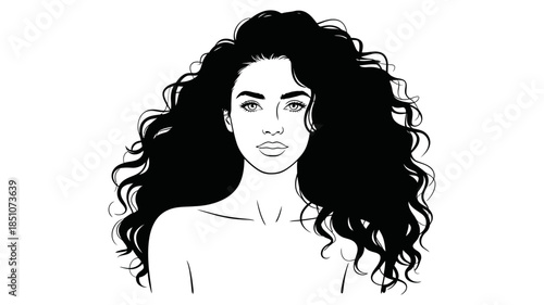 Beautiful woman with long, flowing curly hair in a striking black and white illustration
