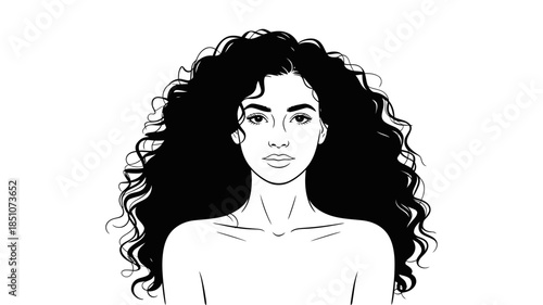 Captivating black and white line art portrait of a woman with abundant curly black hair