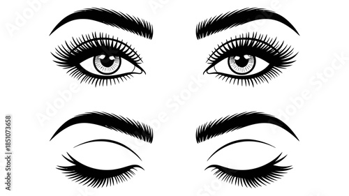 Beautiful open and closed eyes illustration with dramatic eyelashes and well-defined brows