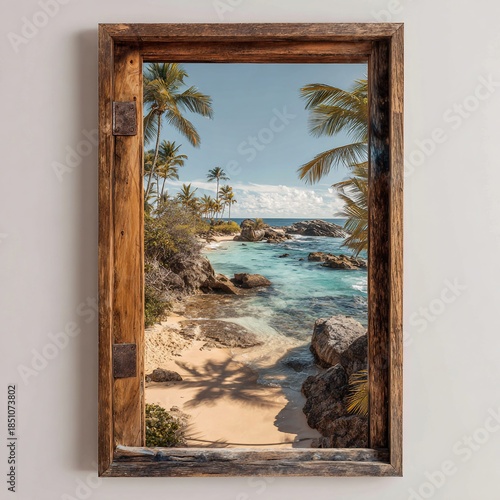 Framed coastal scene, palm trees, beach, turquoise water, rugged rocks, blue sky