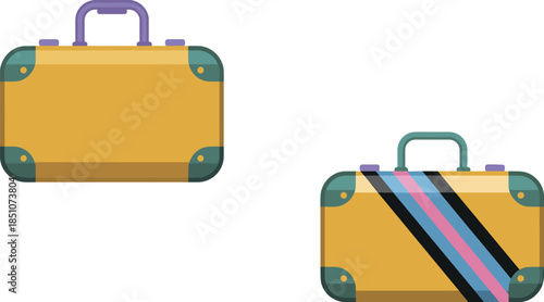 Two vintage style suitcases, one plain and one with colorful stripes on white background Keywords: luggage, suitcase, travel
