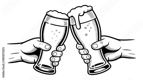 Two hands clinking frothy beer glasses in a joyous toast, celebrating good times
