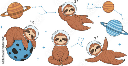 Flat Cartoon Sloth Astronaut Vector Set for Kids Space Nursery and Cute Galaxy Designs