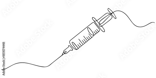 Syringe icon continuous one line drawing minimalist outline illustration, One continuous line drawing of medicine set with syringe and vial, Medical syringe and medicine vial. Pharmaceutical component